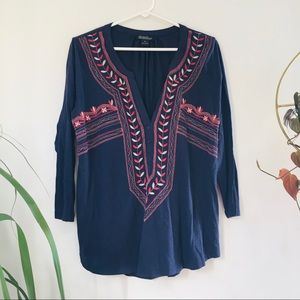 Lucky Brand navy embroidered boho shirt